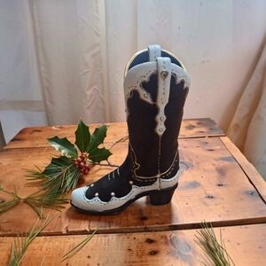 Cowboy Boot Curio/Christmas Ornament  3.5" Black/White Resin Shoe Holiday Tree
